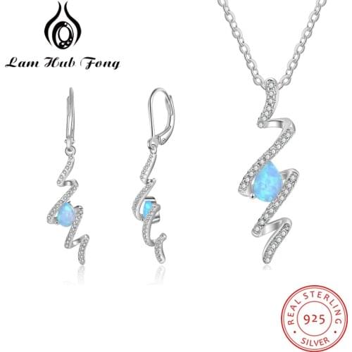 Wedding Bridal Jewelry Sets Twist Spiral Drop Earrings Pendants Necklaces Blue Opal Jewelry Sets Accessories Gift (Lam Hub Fong)
