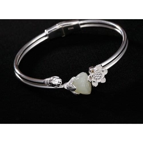 Natural open 925 sterling silver inlaid hetian white jade lotus retro temperament ladies jewelry bangles