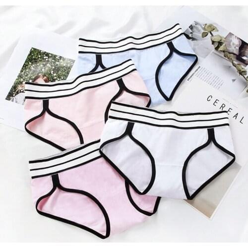 New Cotton Underwear Women 's Mid-Waist Sports European and American Girls Striped Wide-Brimmed Breifs