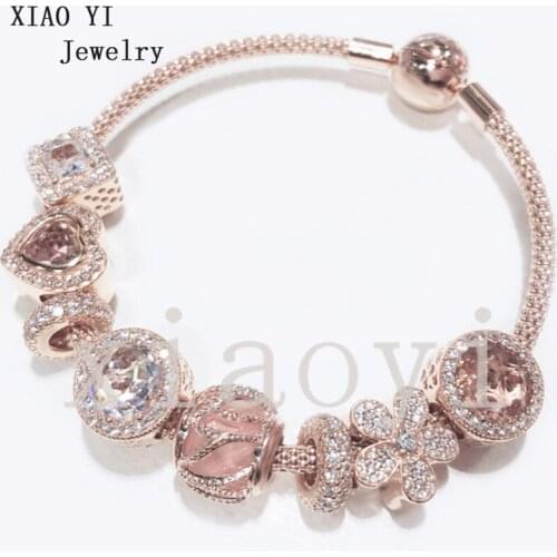 XIAOYI 2020 new 100% s925 Rose color inlaid with zircon flower square love cat eyes gentle temperament Bracelet female