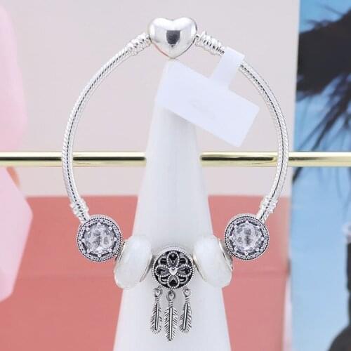 2020 New 925 Sterling Silver White Cats Eye Dream Catcher Net Beaded Smooth Face Love Snake Bone Bracelet