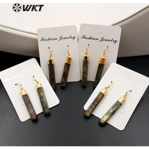 WT-E353 Wholesale fashion jewelry natural labradorite earrings with 24K gold trim six prism shape earrings jewelry for women