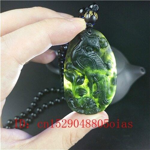 Certified Chinese Natural Black Green Jade Phoenix Pendant Beads Necklace Charm Jewelry Obsidian Carved Amulet Gifts for Men
