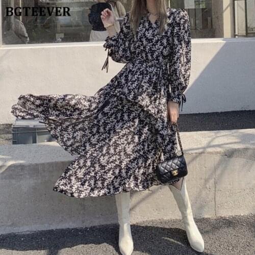 BGTEEVER Stylish V-neck Floral Print Irregular Women Dress Long Sleeve Side Split Slim Waist Female A-line Dress 2021 Autumn