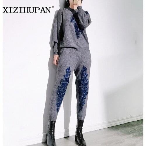 XIZIHUPAN Casual Patchwork Sequin Two Piece Set For Women Round Neck Long Sleeve Top High Waist Pant Colorblock Suits 2021 New