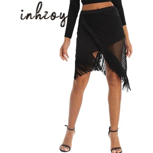 Women Adult Black Fringed Skirt Sexy Cutout Asymmetrical Tassel Salsa Latin Dance Dress Training Competition Performance Costume