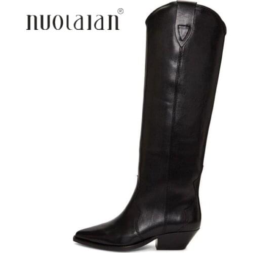 Knee High Boots Western Cowboy Boots for Women Long Winter Boots Pointed Toe Thick High Heels Female Boot Fashion Shoes Woman