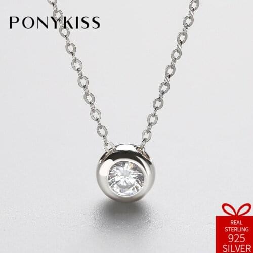 PONYKISS Office 100% 925 Solid Sterling Silver Zircon Round Pendant Necklace Chain Gift Women Fine Jewelry Engagement Party