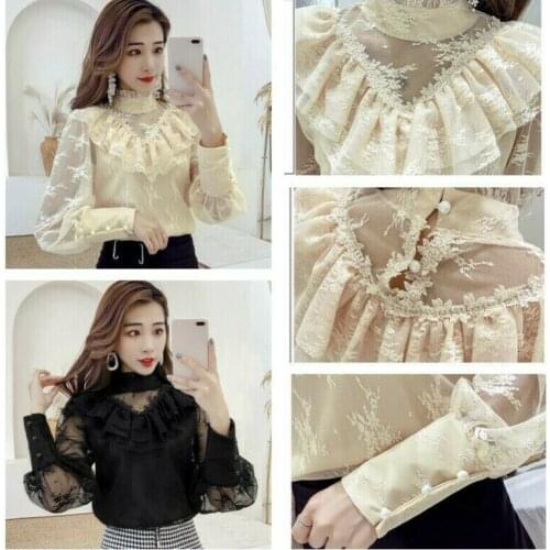 Women Lace Shirt Blouse Ruffle Puff Sleeve Stand Collar Top Gothic Victorian New