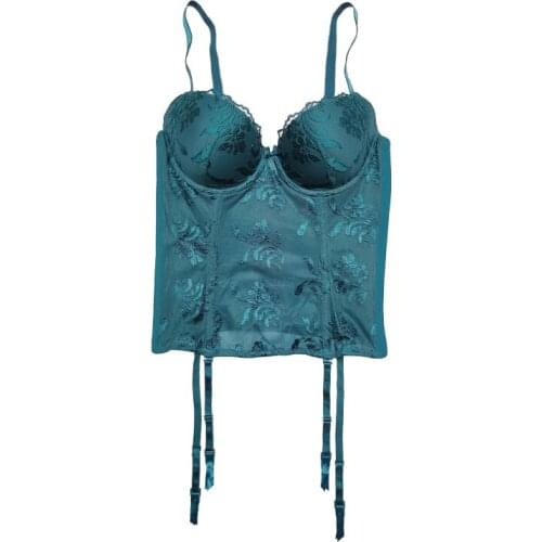 Blue Women Embroidery Gauze Removable Straps Metal Clips Thin Cup Sexy Bustier for Stocking, Suspender Belt Sexy Lingeries SH054