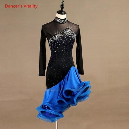 Latin Dance Dress Sexy Hollow Out Diamonds Irregular Fishbone Dresses Women Latin Ballroom Dance Stage Performance Costumes