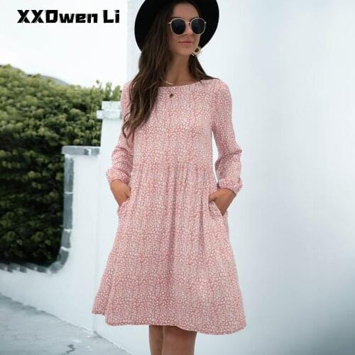 Women Autumn Long Sleeve Chiffon Midi Dress Casual Loose Office Lady O-neck Pink Leopard Dress Spring Boho Beach A-line Dresses