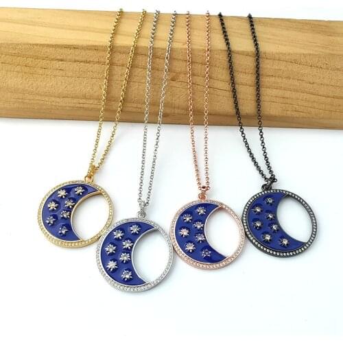 1Pcs New Design Enamel Crystal Pave Jewelry Women Fashion Girls The Blue moon Pendant Necklaces NK484