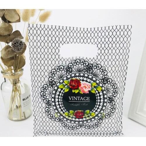 100pcs 20X25CM Grid Flower Design Plastic Gift Bags Favor Jewelry Boutique Gift Packaging Plastic Shopping Bag With Handle