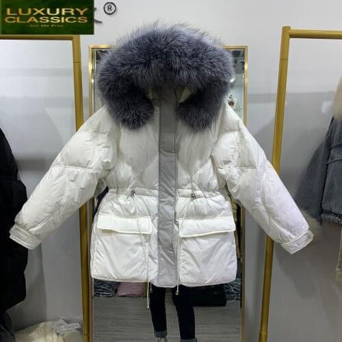 2021 Womens Down Jacket Silver Fox Fur Collar Autumn Winter White Duck Down Coat Female Shiny Fashion Jackets Women 5114