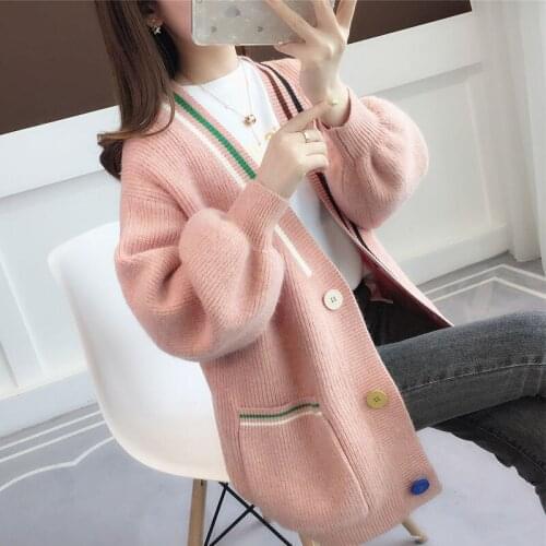 2021 autumn and winter new womens mid-length knitted cardigan womens Korean loose v-neck sweater jacket all-match