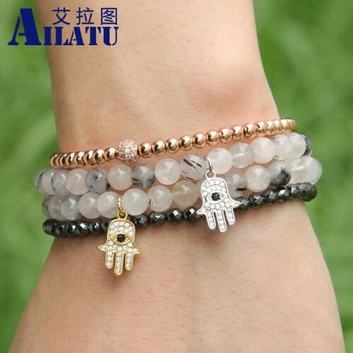 Ailatu Turkish Religious Fatima Hand Unisex Bracelet 6mm Black Rutilated Quartz Stone Micro Inlay Zircons Hamsa Pendant for Gift