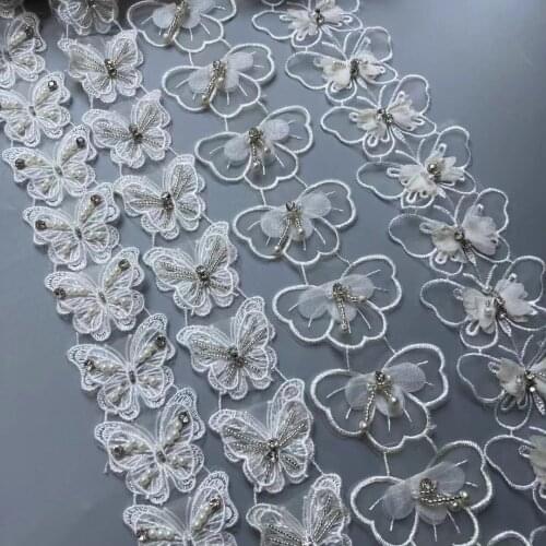 10x White Lace Trim Fabric Ribbon Double Butterfly Rhinestones Embroidered Handmade Sewing Craft For Hat Shoes Decoration