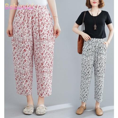 Fashion Korean Retro Cotton Linen Black Red Printing Summer Autumn Thin Fashion Pocket Cropped Pants Elastic Band Pant for Women