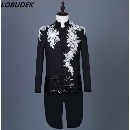 Black Red White Stand Collar Embroidery Swallowtail Male Singer Chorus Stage Performance Tuxedo Host Magician Wedding Tailcoats