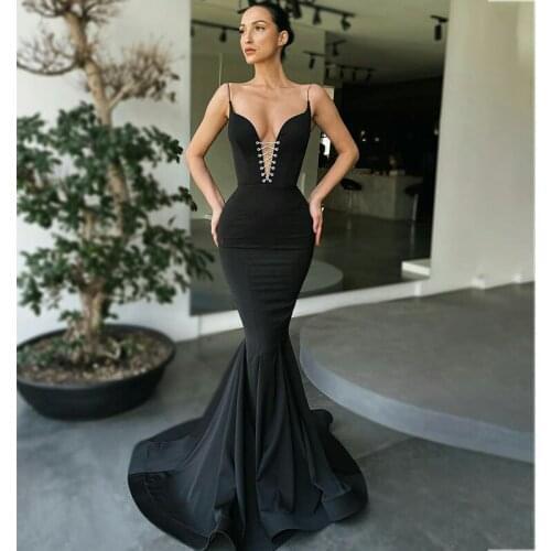 Black Mermaid Evening Gowns Lace Up Back Spaghetti Women Prom Dress Satin Simple Formal Party Vestidos De Fiesta