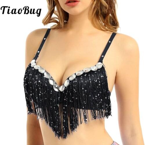 Womens Belly Dance Costume Bra Top Sequin Tassel Rhinestone Rave Dance Latin Costume Crop Tops