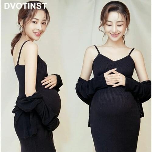 Dvotinst Women Photography Props Maternity V-neck Dresses Pregnancy Elegant Black Dress Cardigans 2pcs Studio Photoshoot Clothes