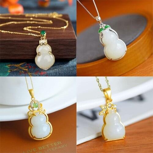 Natural Hetian white jade gourd Pendant Necklace Chinese style retro charm unique ancient gold craft womens brand jewelry