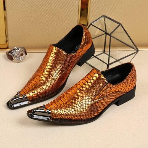 Italy Brand Fashion Men Party Wedding Shoes Handmade Loafers Men Snakeskin Leather Shiny Gold Dress Shoes Large Sizes 13