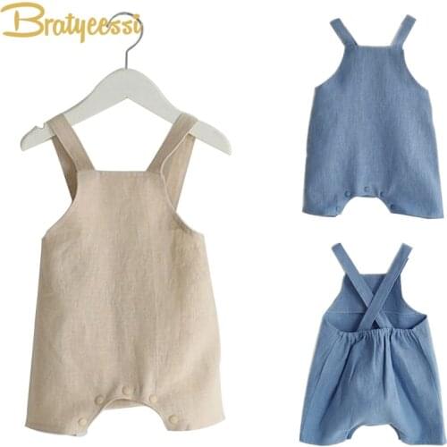 Cotton&Linen Baby Girl Romper Solid Color Suspender Overalls Infant Boy Jumpsuit Baby Clothes M/L 1 PC