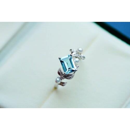 J320 Aquamarine Ring Fine Jewelry Pure 18K Gold Natural 7*5mm Blue Aquamarine Gemstones Fine Rings