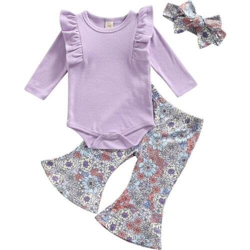Baby Girls Clothes Sets Fall Spring Purple Floral Print Fly Long Sleeve Romper Top+Pants+Headdress Sweet 3PCS For Newborn Kids