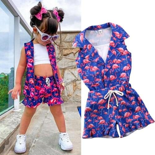 3Pcs Girls Suit Fashionable Vest Pants Flamingo Top Ripped Bow Pants Childrens Suit Fashion Toddler Baby Girl Clothes
