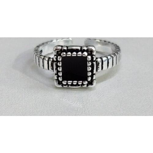 925 Sterling Silver Fashion Square Black Stone Thai Silver Color Rings Newest Trendy Geometric Opening Ring For Women Men S-R572