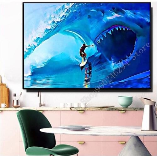 Surfing landscape, fantasy shark Diamond Mosaic Square 5d Diy Diamond Embroidery round Drill home art Diamond Painting,FF2789