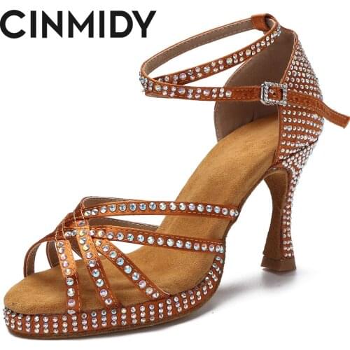 CINMIDY New Rhinestone Thick Soft Bottom High Heels Tango Latin Salsa Rumba Non-Slip Dance Shoes Women Sandals Zapatos Mujer