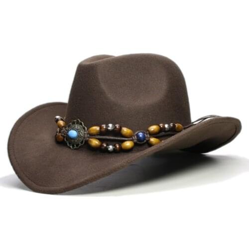Retro Formal Turquoise Wood Bead Braid BandUnisexWool Wide Brim Cowboy Western Hat Cowgirl Bowler Cap Big Large Plus Size 61CM
