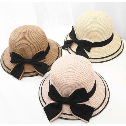 Parent-Child Summer Outing Sunscreen Sunhat Girls Boys Pure Color Bow Protection Kids Beach Cap For Women All-Match Straw Hat