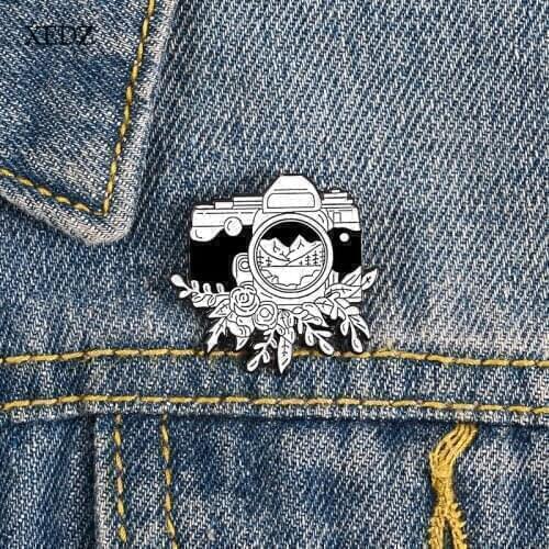 XEDZ Black and white castle camera flower forest mountain lens enamel pin romantic men and women metal badge punk clothes lapel