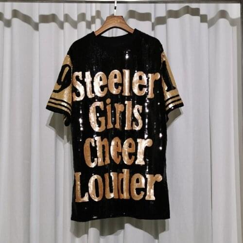 European Summer New Black Letters Glittering Heavy Industry Sequins Short-sleeved Loose T-shirts Women Tops Fashion Streetwear