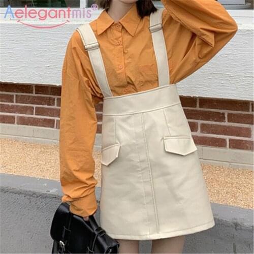 Aelegantmis Faux Leather Suspender Skirt Women Elegant Korean Fashion Female Pu Strap Skirts Female High Street Spring 2021 New