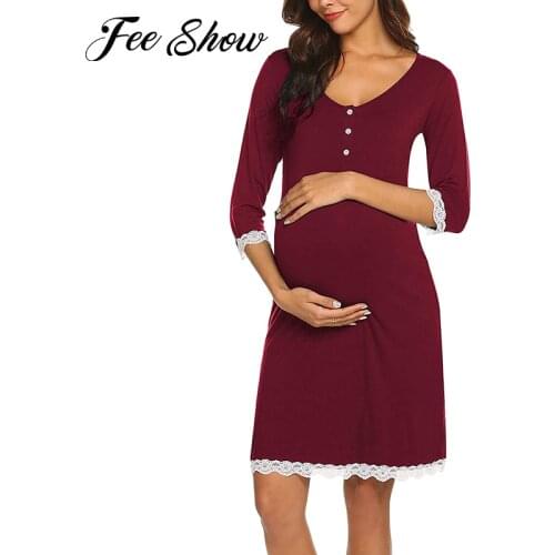 Womens Maternity Nursing Breastfeeding Dress Middle Sleeve Lace Cuffs Hem Knee-length Soft Cotton Solid Colour Sleepwear