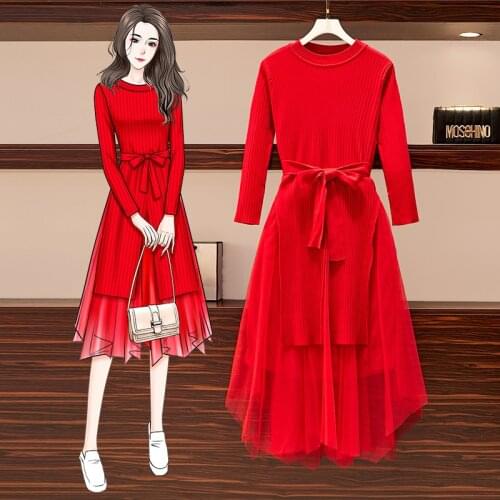 EHQAXIN Plus Size Womens Dress Suit Autumn Winter New Long-Sleeved Split Knitted Lace-Up Dress + Mesh Skirt Two-Piece Set L-3XL