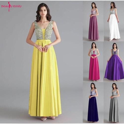Beauty Emily 2019 V Neck Rhinestones Sleeveless Bridesmaid Dresses Long Customized Wedding Party Dress Vestido dama de honor