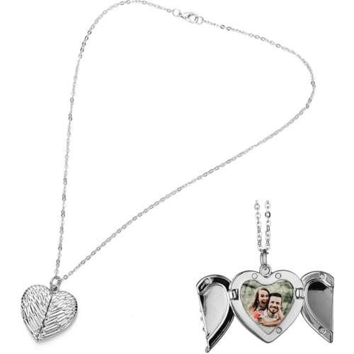 1PCS Angel Wing Love Heart Sublimation Blanks Necklaces For Women Custom Lockable Photo Blank MDF Printable Pendant