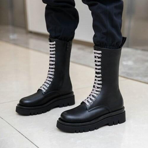 2021 new luxury brand womans shoes lace-up platform flat boots cross-tied slim women mid-calf motorcycle boots plus size 34-43