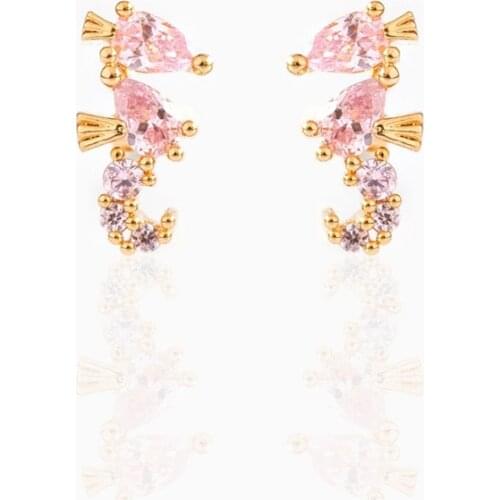 925 Sterling Silver Pink CZ Mini Small Cute Sparkling Seahorse Studs Earring Girls Minimal Trendy Fashion Under The Sea Jewelry