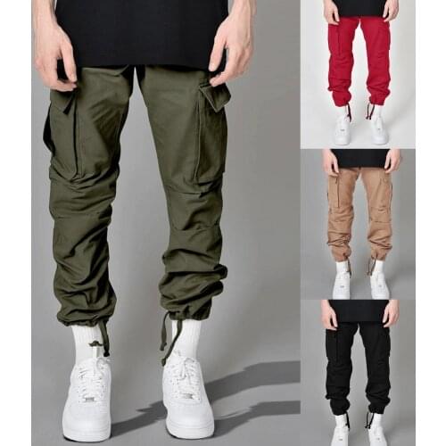 Casual cargo pants Men Solid Color Multi-pocket Leg Opening Drawstring sweatpants Trousers Mens Cargo Pants pantalones hombre