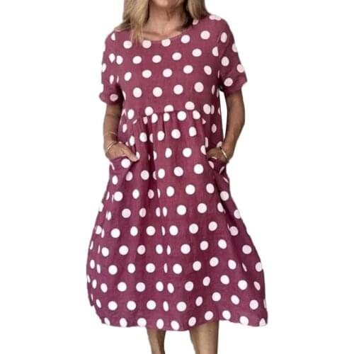 Hot Women Dresses Casual O Neck Short Sleeve Polka Dots Print Pockets Large Hem Midi Dress Dots Print Pockets Large Hem Dress