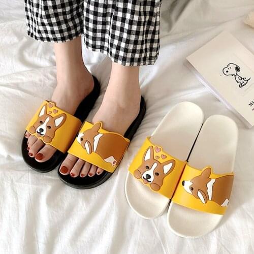 HKSNG Women Summer Slippers Slide Sandals Beach Flip Flops Cartoon Dog Corgi Comfortable Thick Sole Girls Flat Shoes